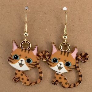 18k Gold Plated Hook Cat Dangle Earrings